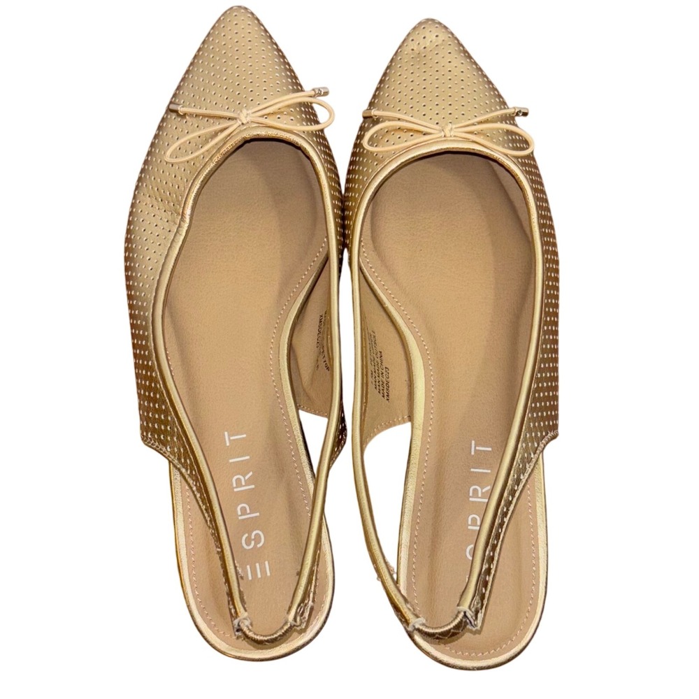 Esprit | 7.5 US 38 EU | Gold | Pointed Toe Slingback Flats | Bow Accents | NWOT
